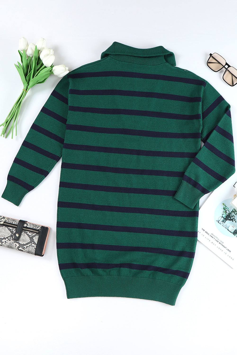 Iris Striped Zip Collared Loose Sweater Mini Dress Threaded Pear
