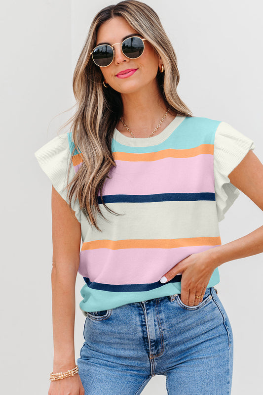 Yasmin Striped Flutter Sleeve Patchwork Top