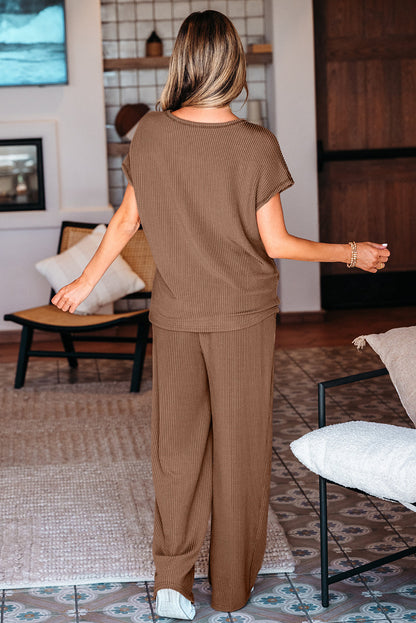 Megan Corded Short Sleeve Top and Casual Pants Set