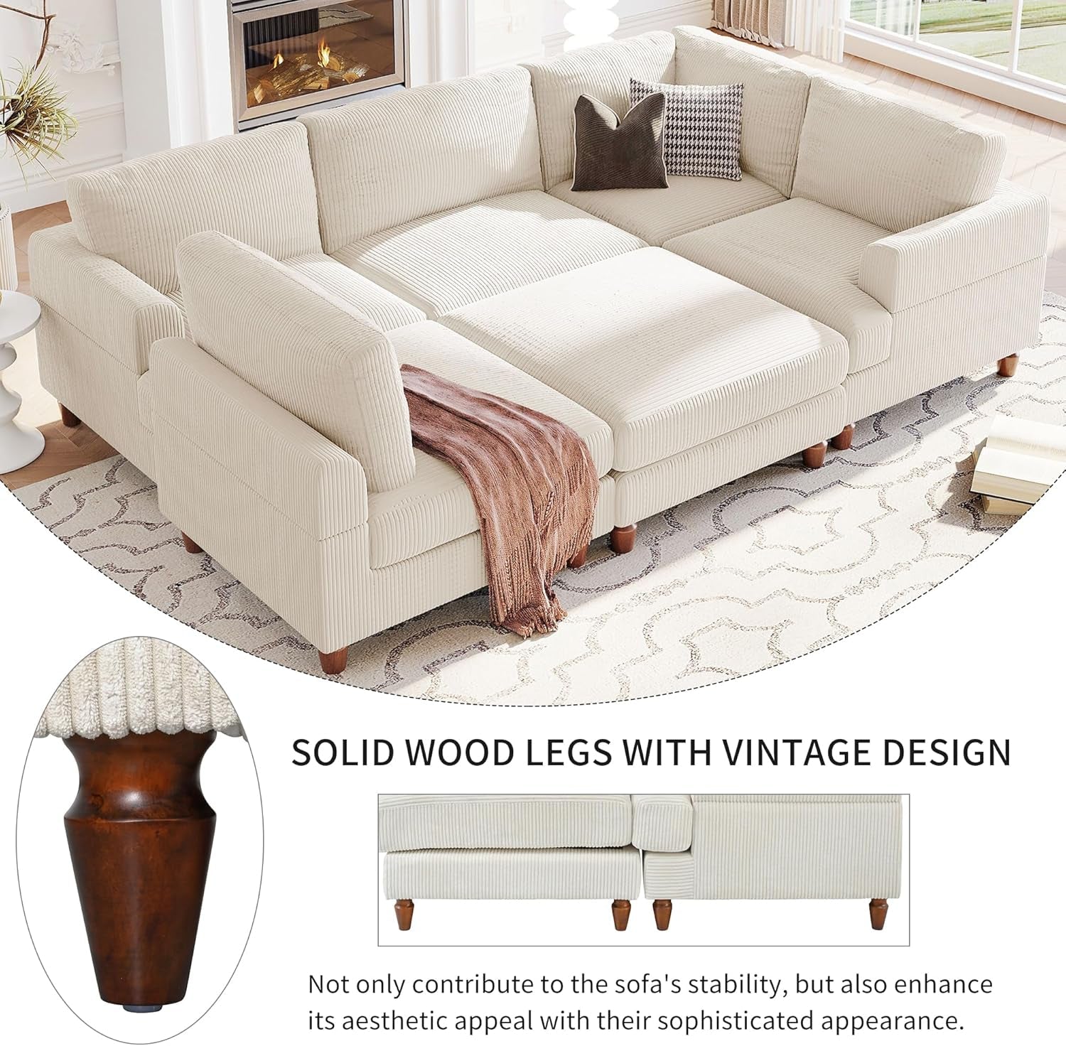 L Shaped Beige Corduroy Sectional Sofa With Ottoman ShipItFurniture