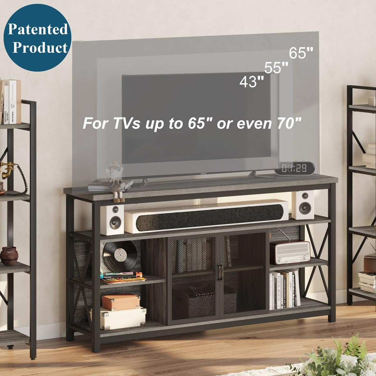 Tall TV Stand for 65 Inch TV With Storage Cabinet Grey Oak