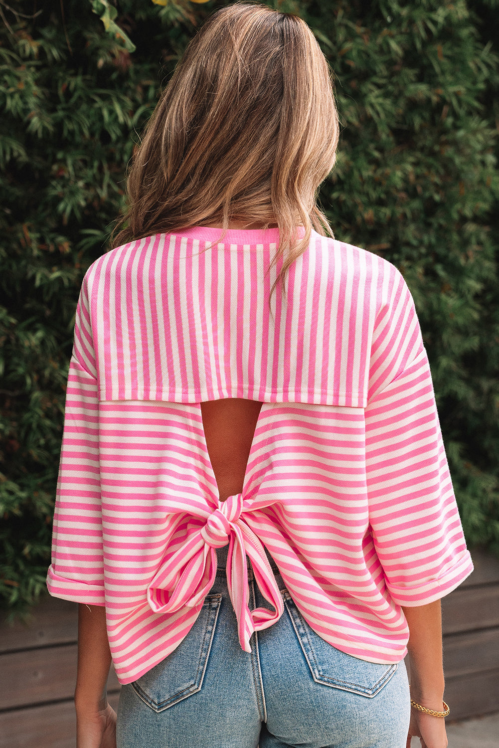 Riley Stripe Bowknot Cutout Back Loose Top Threaded Pear