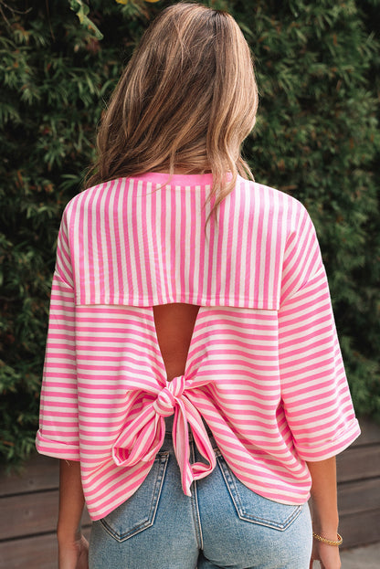 Riley Stripe Bowknot Cutout Back Loose Top