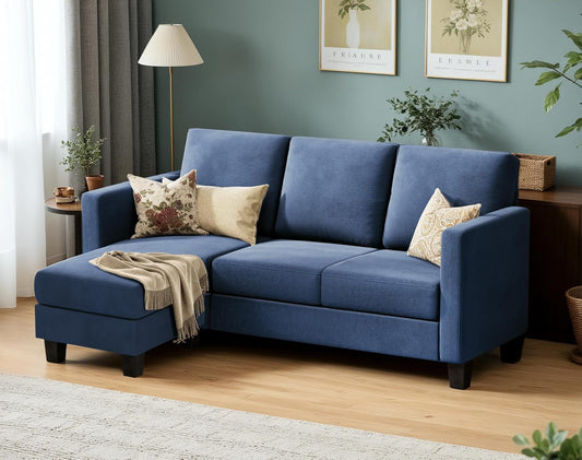 Convertible Sectional Sofa 3 Seat Blue Linen Compact ShipItFurniture