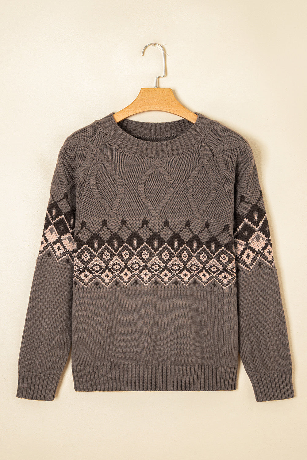 Alana Western Geometric Patterned Crew Neck Knitted Sweater Threaded Pear