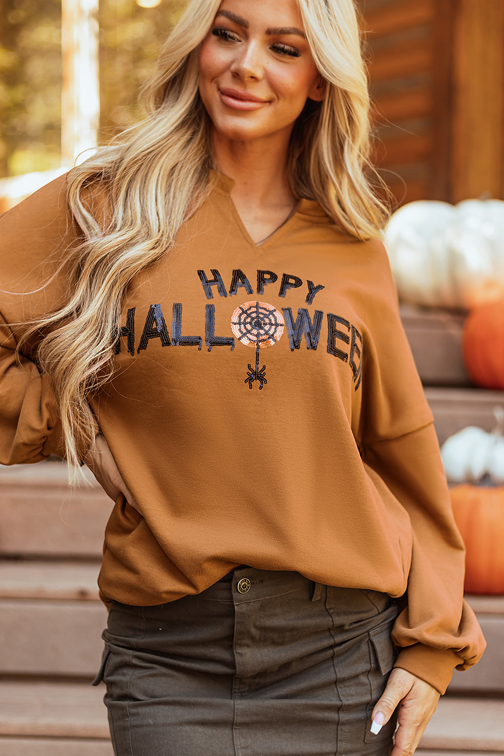 Sequin Happy Halloween Long Sleeve Top Threaded Pear