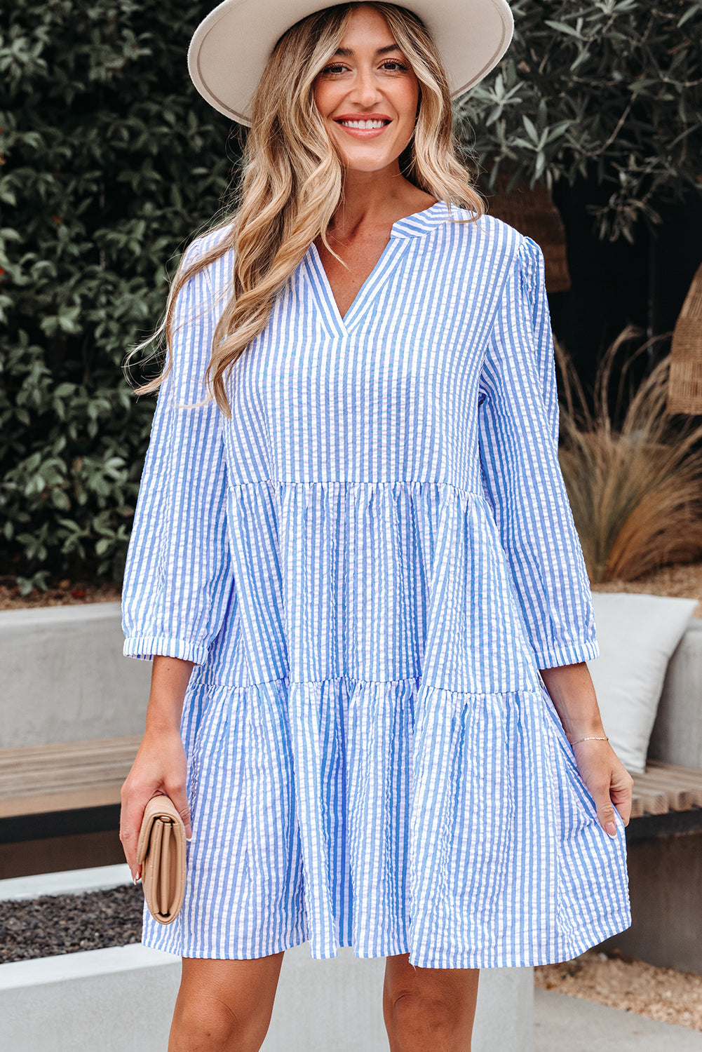 Kaia Stripe Bracelet Sleeve Tiered Dress with Pockets Threaded Pear