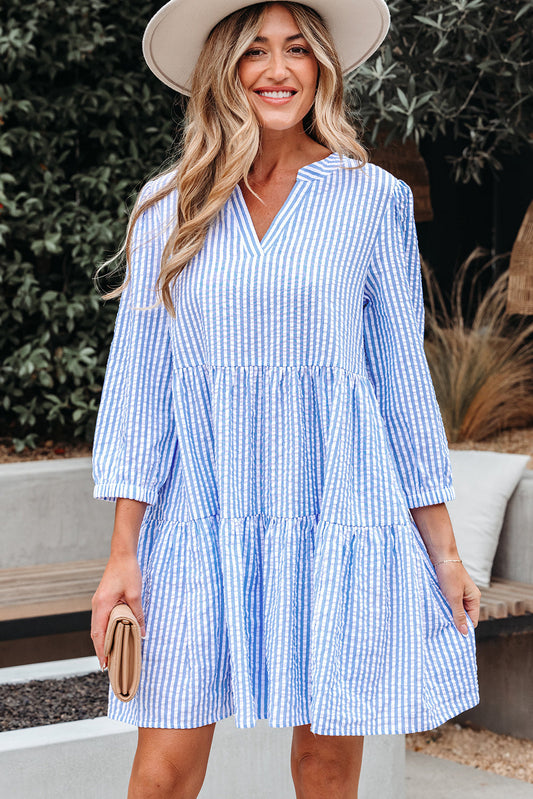 Kaia Stripe Bracelet Sleeve Tiered Dress with Pockets Threaded Pear