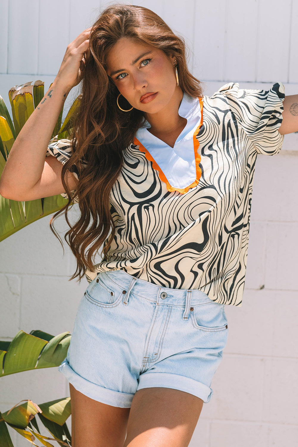 Delilah Zebra Stripe V-Neck Short Sleeve Blouse