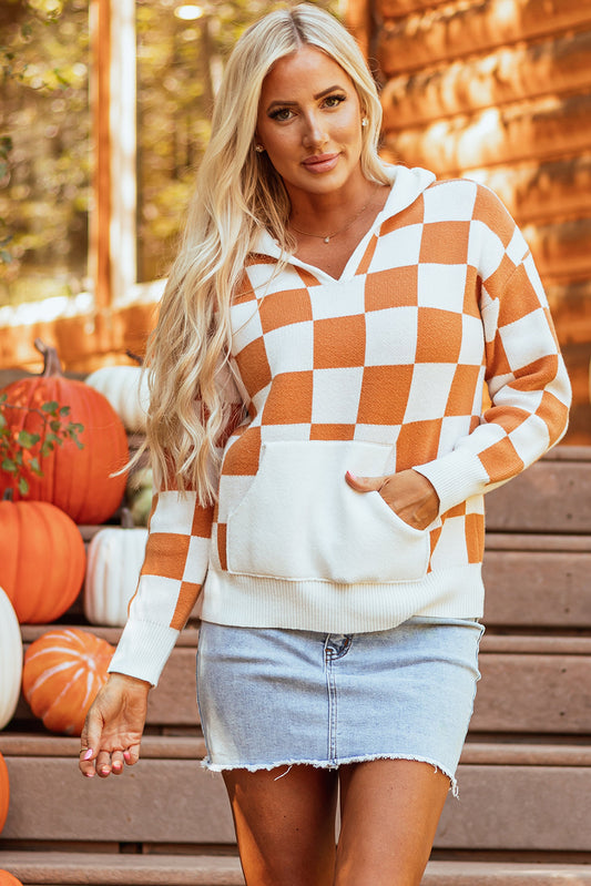 Lila Checkered Kangaroo Pocket Hooded Sweater Threaded Pear