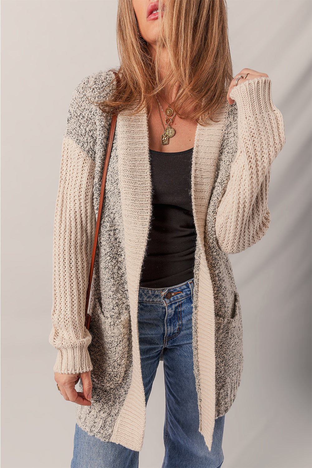 Sarah Side Pockets Open Front Cardigan Threaded Pear