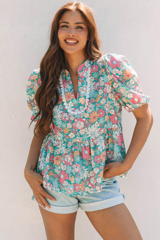 Amaris Notched Neck Puff Short Sleeve Floral Blouse
