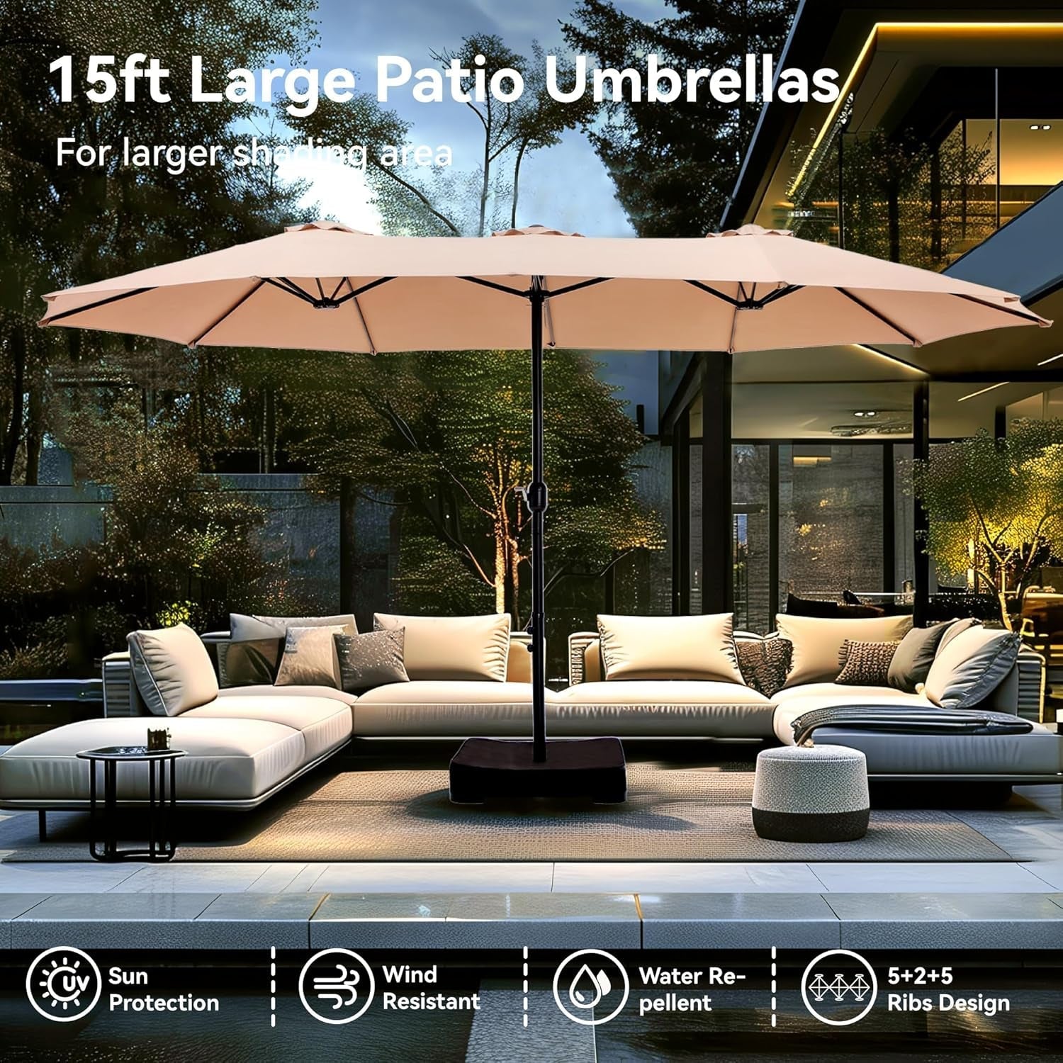 15Ft Large Patio Umbrellas with Base Included, Outdoor Double-Sided Rectangle Market Umbrella with Crank Handle, for Poolside Lawn Garden, Beige ShipItFurniture