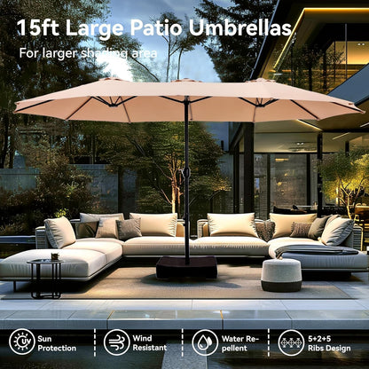 15Ft Large Patio Umbrellas with Base Included, Outdoor Double-Sided Rectangle Market Umbrella with Crank Handle, for Poolside Lawn Garden, Beige ShipItFurniture