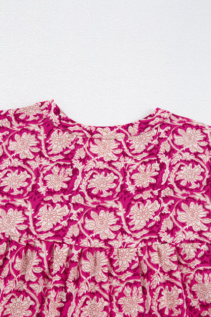 Pink Floral Print Split Neck Pleated Puff Sleeve Blouse