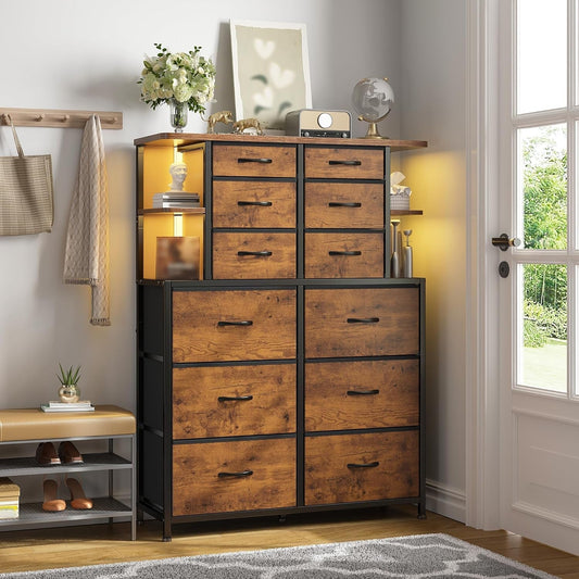 Dresser for Bedroom with LED Lights, 12 Drawers Bedroom Dresser, Dresser and Tall Dresser with Open Shelves, Fabric Dressers & Chests of Drawers with Sturdy Metal Frame, Rustic Brown ShipItFurniture
