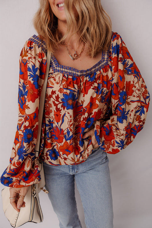 Adeline Floral Print Square Neck Backless Loose Fit Blouse Threaded Pear