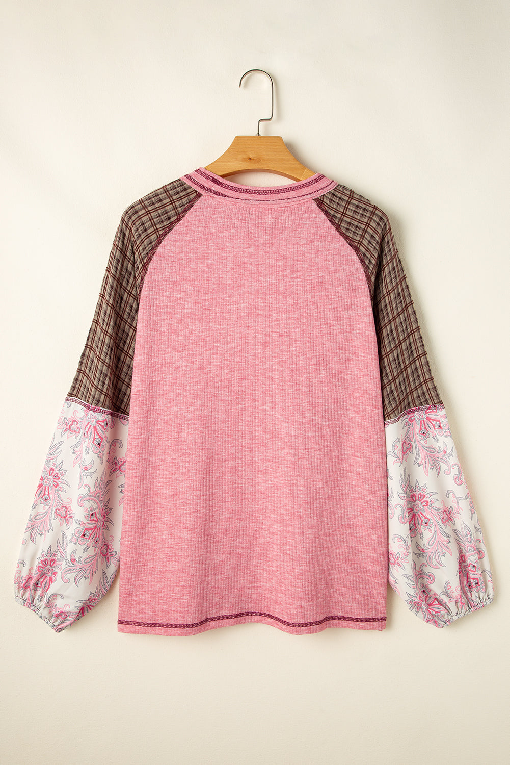 Elena Raglan Sleeve Ribbed Knit Patchwork Blouse Threaded Pear