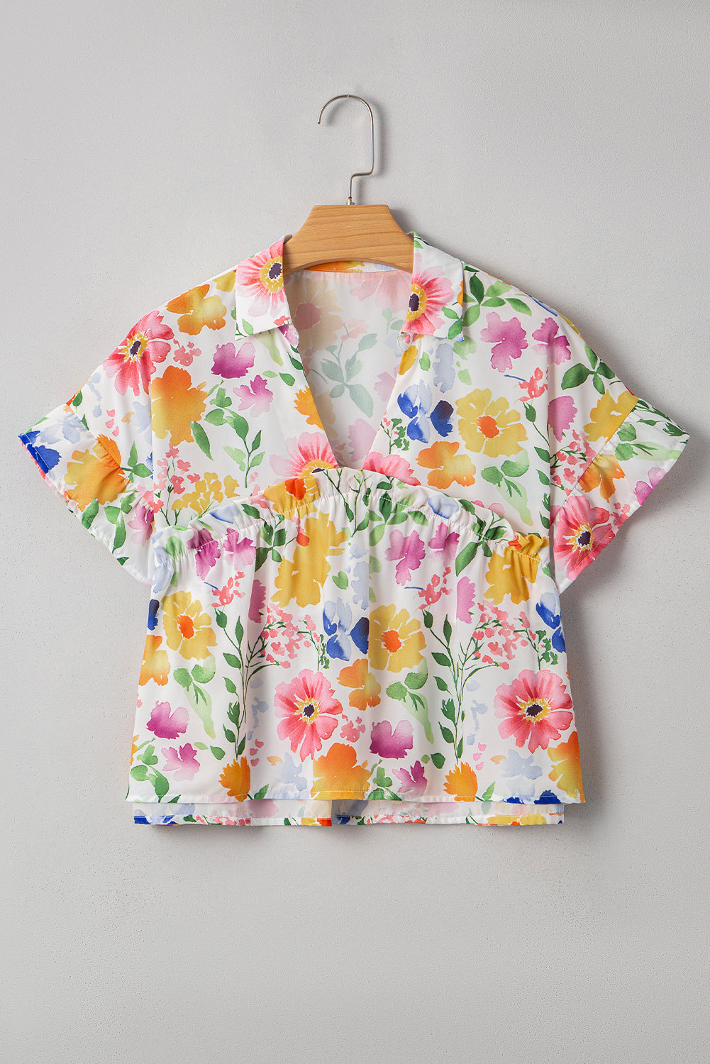 Liberty Floral Boxy Fit Ruffled Short Sleeve V Neck Blouse