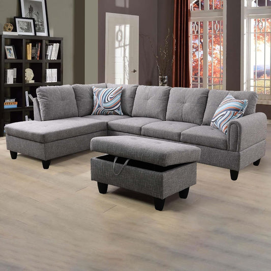 3 Piece Sectional Sofa Set Left Facing Chaise Grey ShipItFurniture