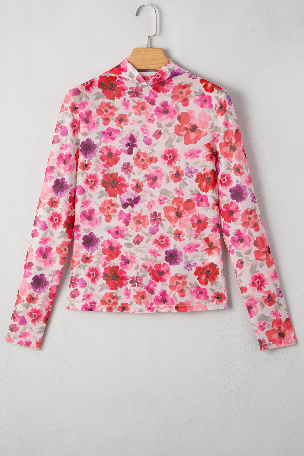 Rosalie Floral Long Sleeve Slim Fit Mesh Top Threaded Pear