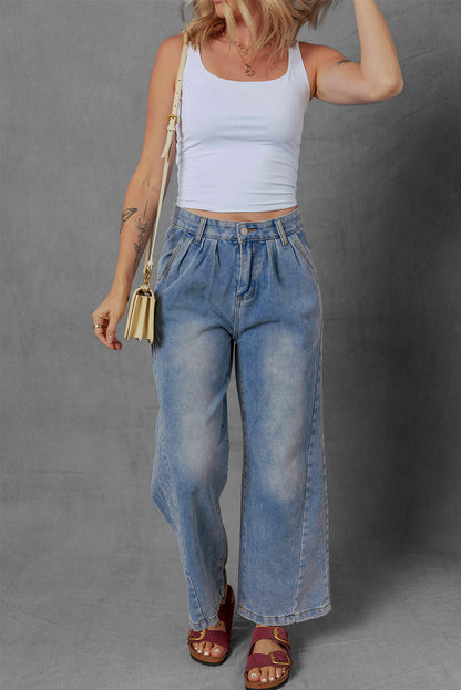 Scottie Blue Washed Pleated Detail Wide Leg Jeans
