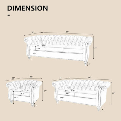 3 Piece Living Room Set Sectional Chesterfield Sofa Chair Artificial Leather Black ShipItFurniture