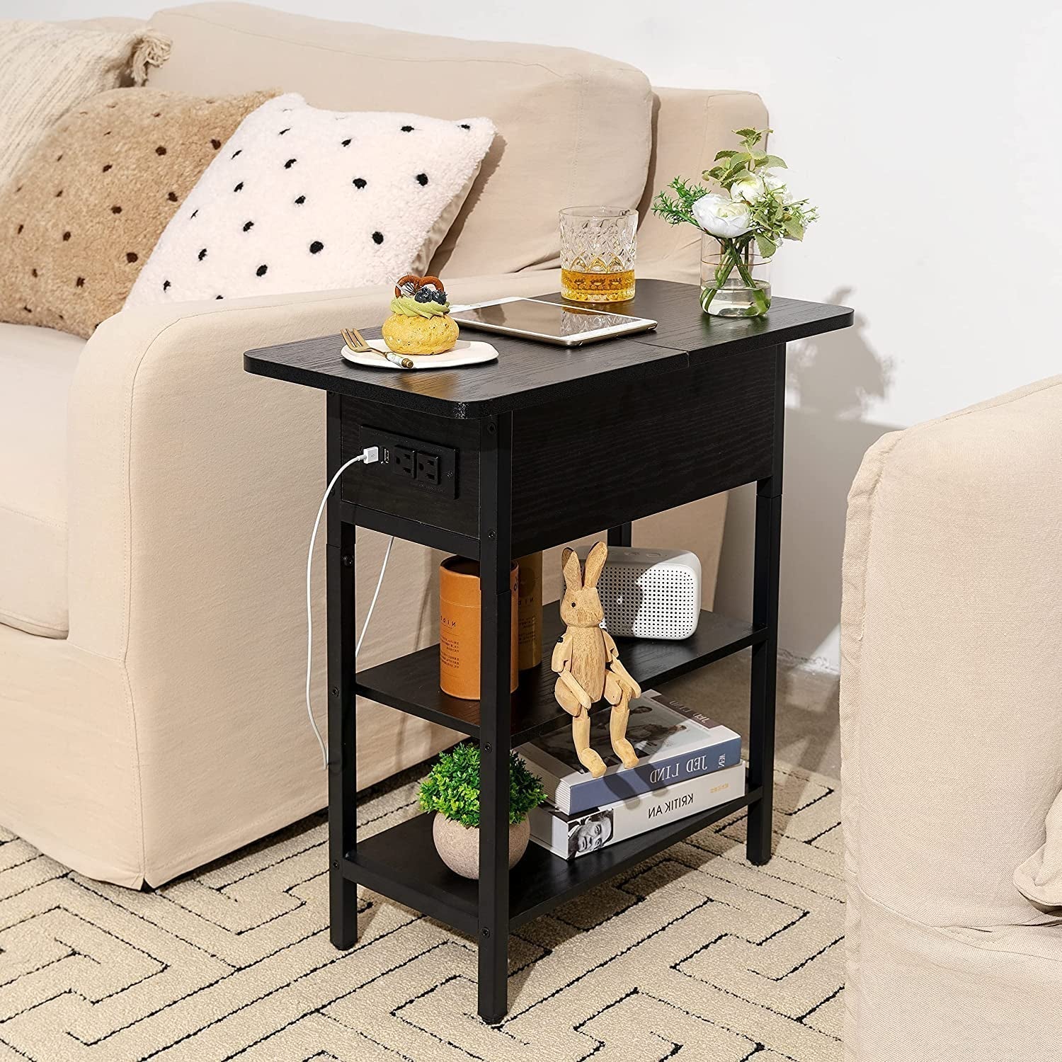Charging End Table with USB Ports and Outlets, Narrow Nightstand ShipItFurniture