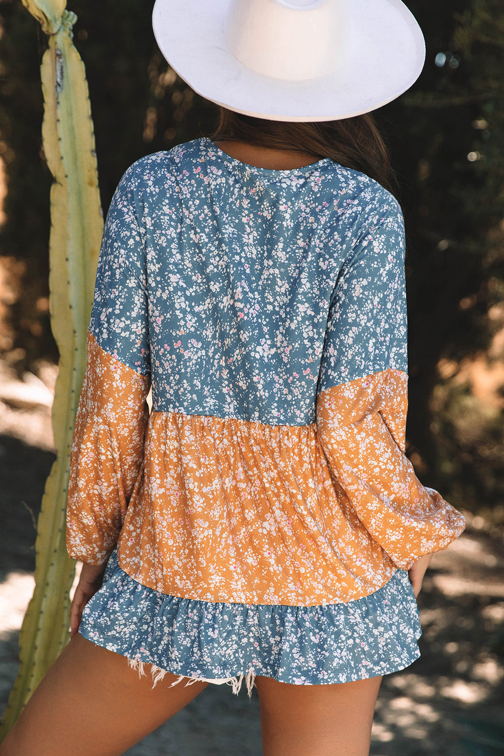 Cecilia Floral Ruffled Hem Round Neck Blouse Threaded Pear