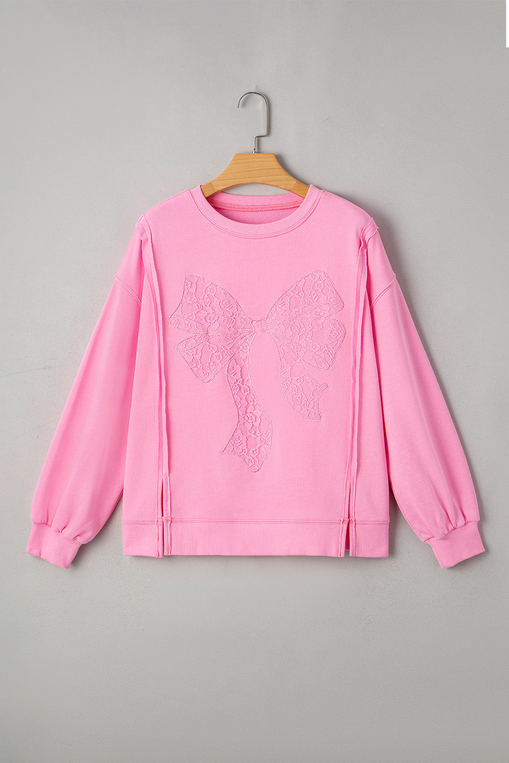 Brianna Lace Bow Embroidered Exposed Seam Sweatshirt Threaded Pear