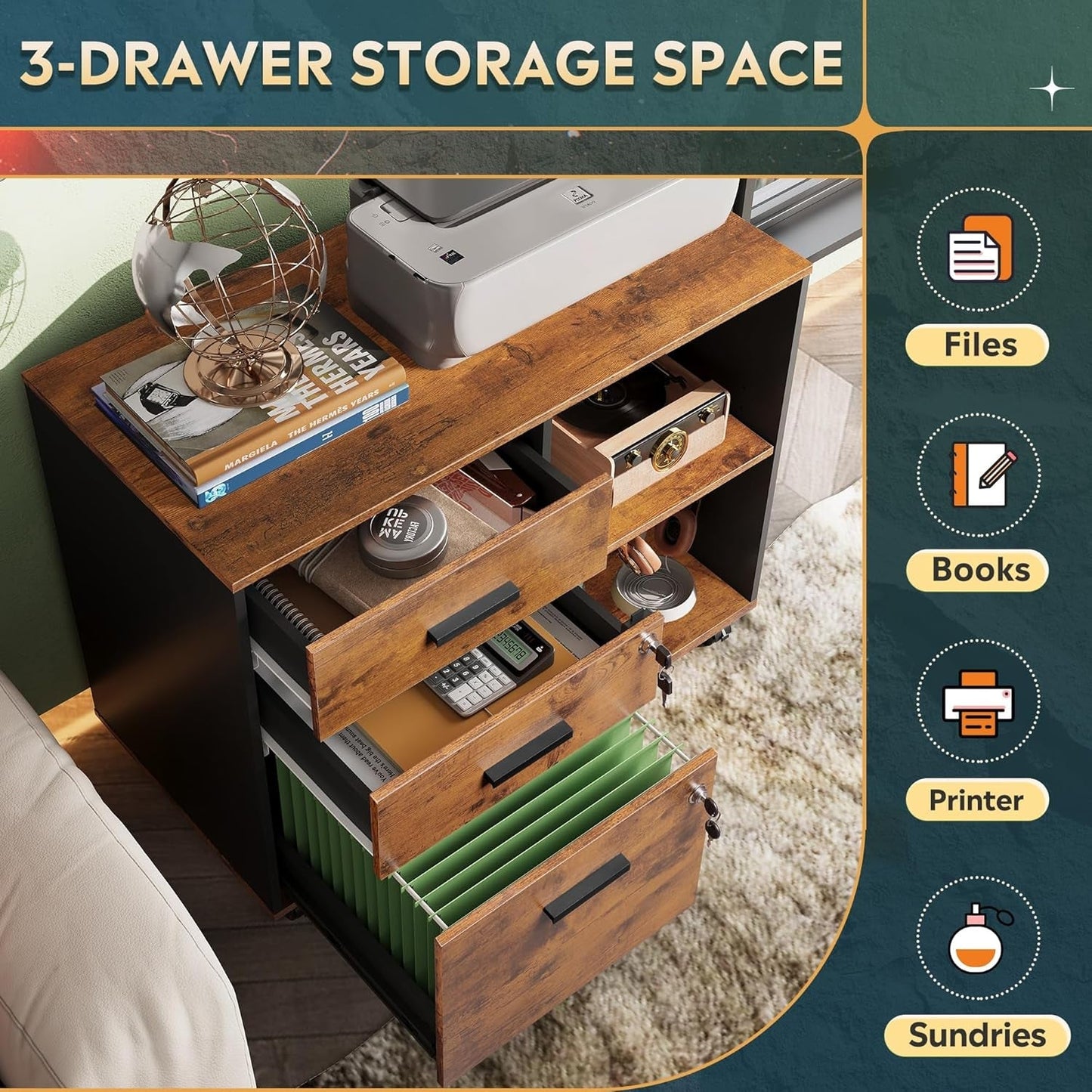 3 Drawer Wood File Cabinet With Lock For Home Office ShipItFurniture