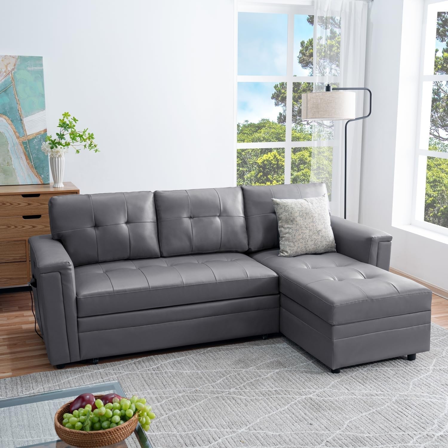 L Shaped Sectional Sleeper Sofa With USB Ports Gray Leather ShipItFurniture