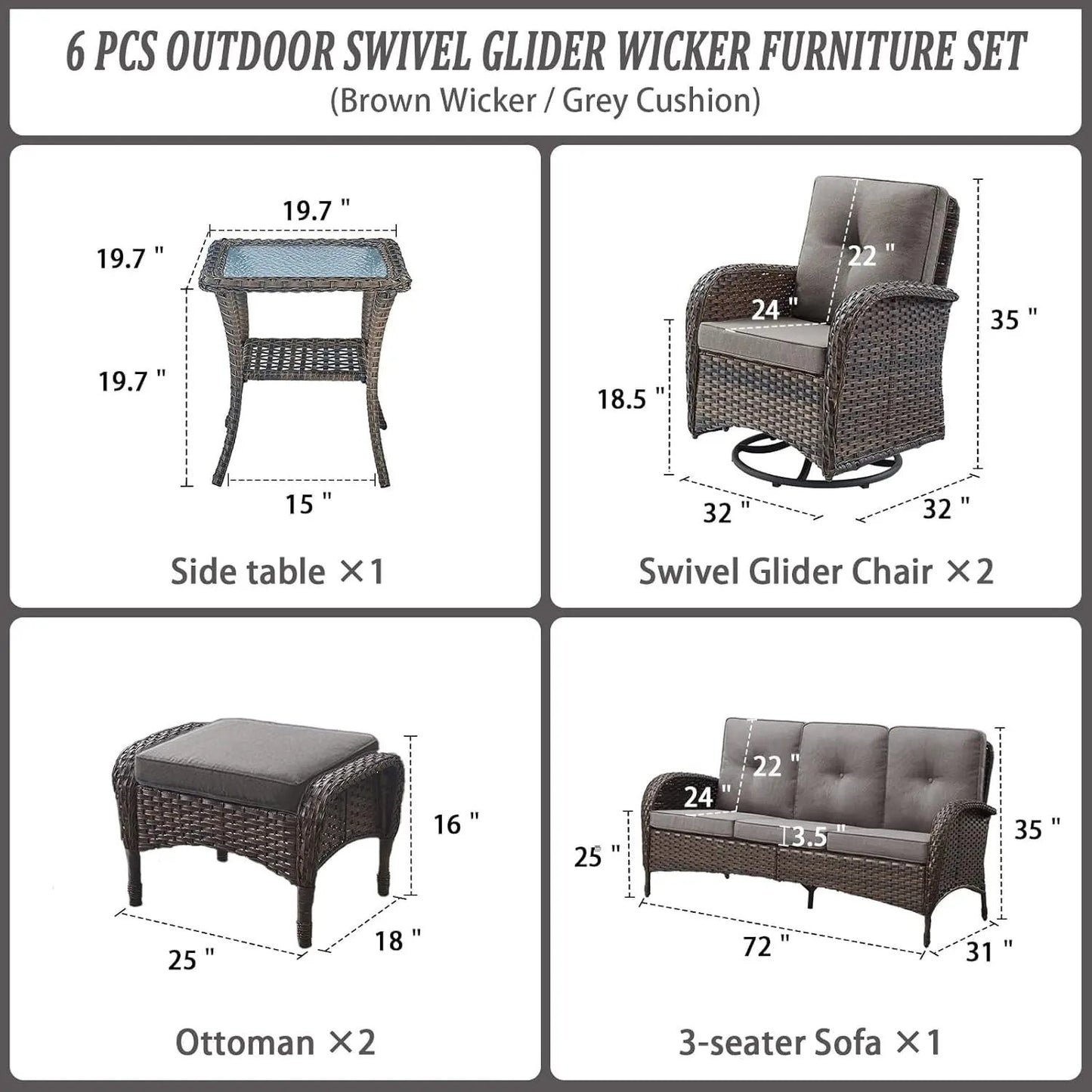 6 Piece Patio Conversation Sets - Wicker Patio Furniture Sets with Outdoor Swivel Rocker Chairs Outdoor Couch Perfect for Deck Patio Backyard, Brown Wicker Grey Cushion-2
