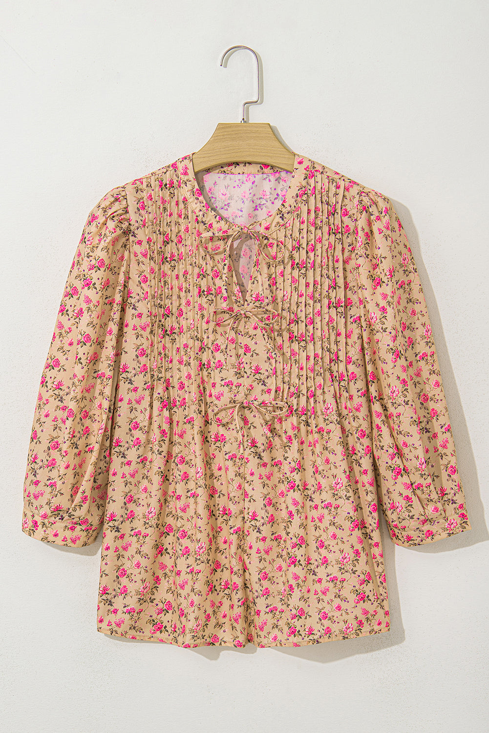 Sadie Floral Bow Pin-tuck Bust Half Puff Sleeve Blouse Threaded Pear