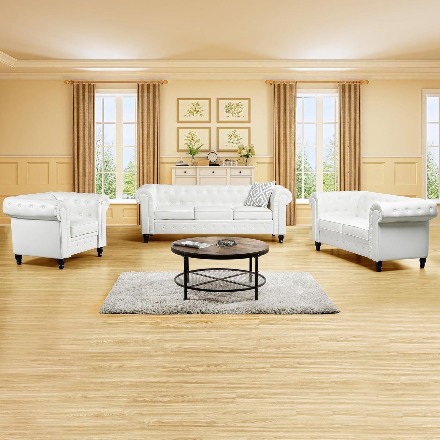 Emery Chesterfield 3 Piece Sectional Sofa Set Off White ShipItFurniture