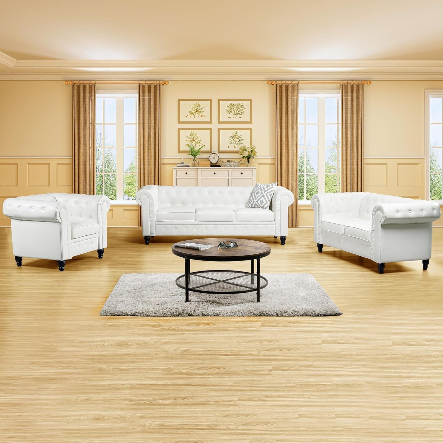 Emery Chesterfield 3 Piece Sectional Sofa Set Off White ShipItFurniture