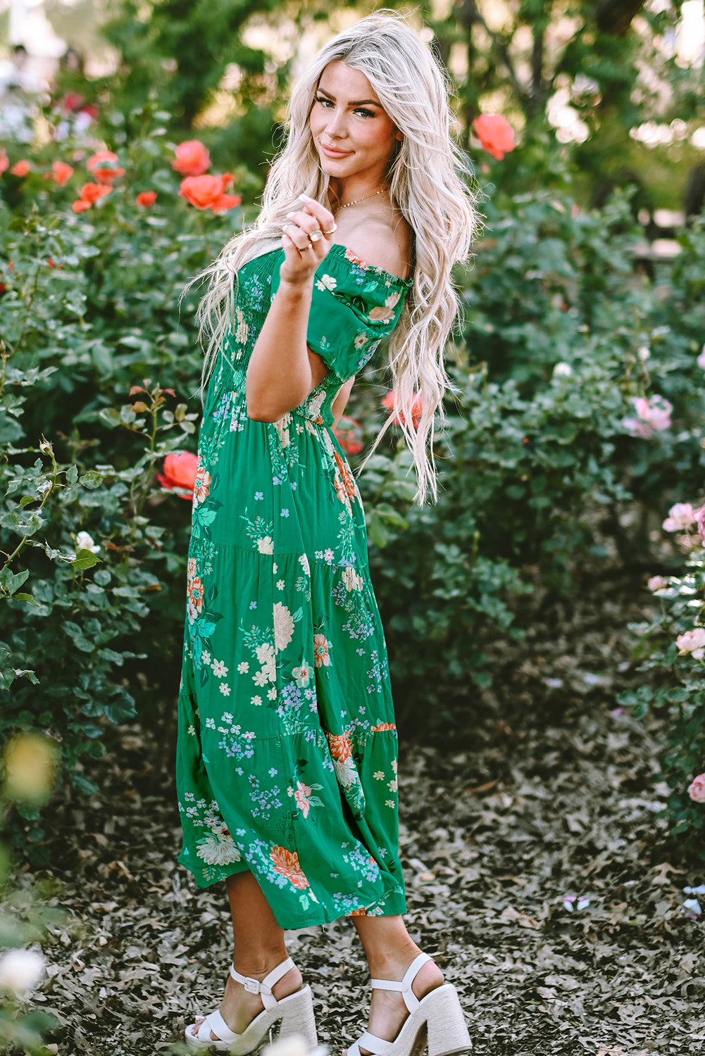 Kailany Floral Bubble Sleeve Smocked Tiered Midi Dress