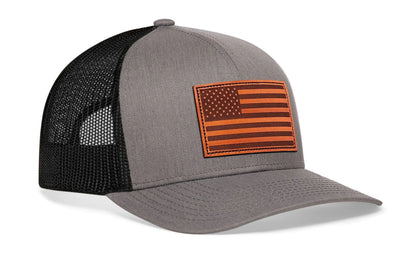 American Flag Trucker Hat Leather  |  Gray-Black USA Snapback