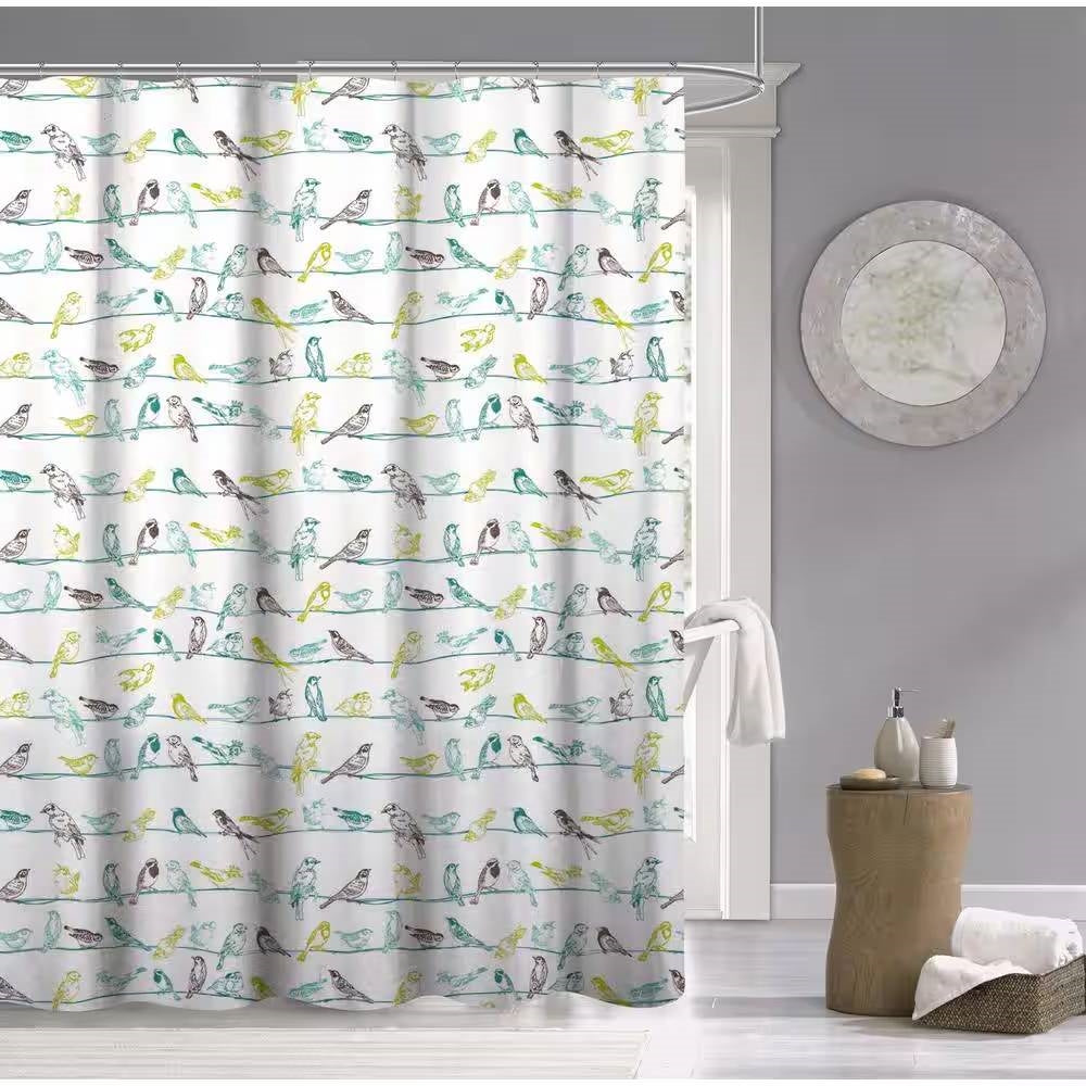 72-inch 100-Percent Cotton Fabric Shower Curtain with Teal Beige Black Birds FastFurnishings