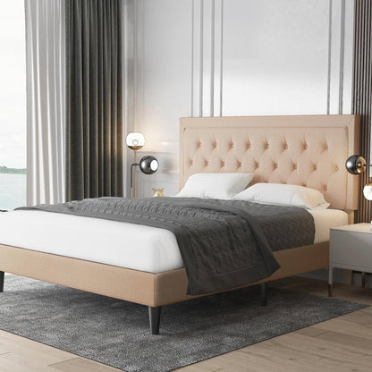 Full size Beige Linen Platform Bed Frame with Button Tufted Headboard FastFurnishings