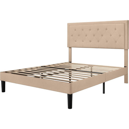 Full size Beige Linen Platform Bed Frame with Button Tufted Headboard FastFurnishings