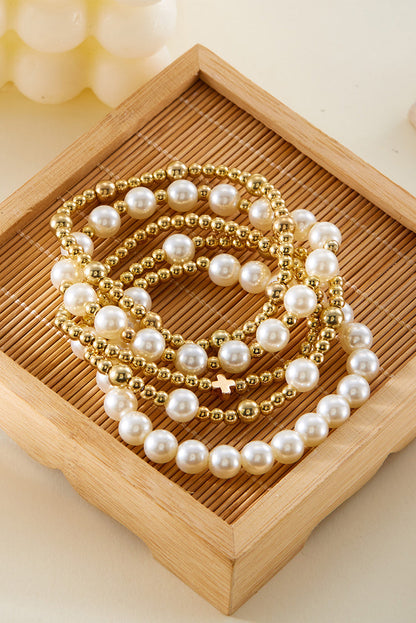 Gold Cross Pearls Decor Multi Layer Bracelets