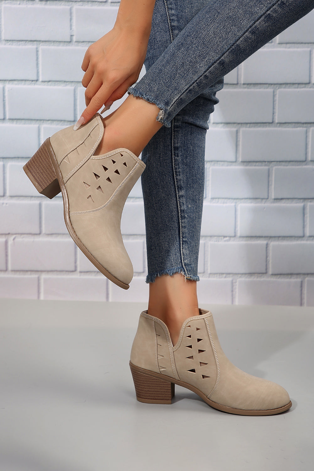 Quinn Cut Out Suede Ankle Boots Threaded Pear
