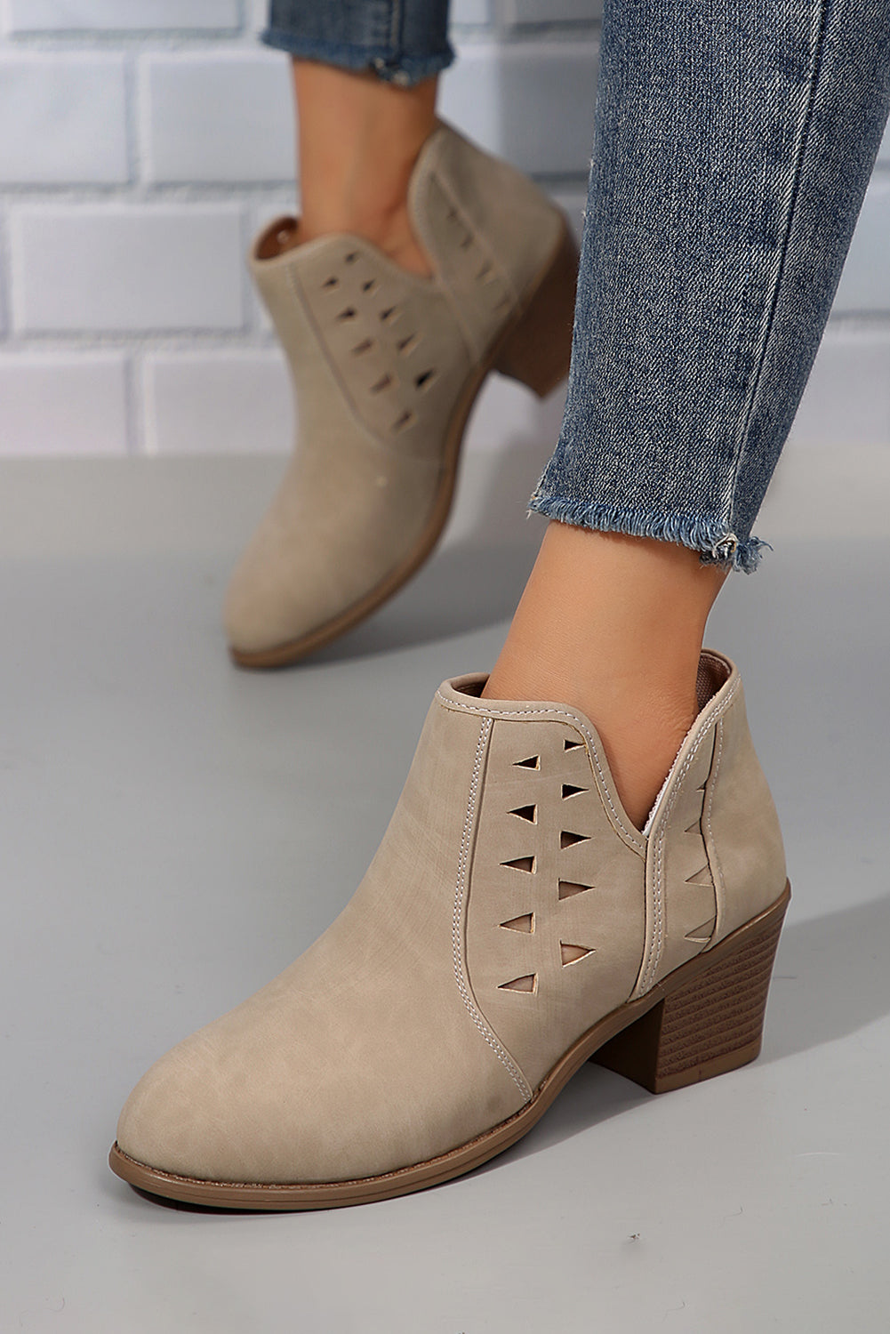 Quinn Cut Out Suede Ankle Boots Threaded Pear