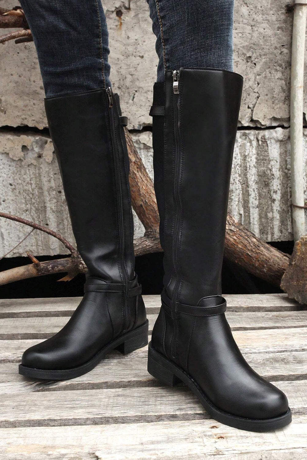 Josie Zipper Knee High Low Heel Boots Threaded Pear