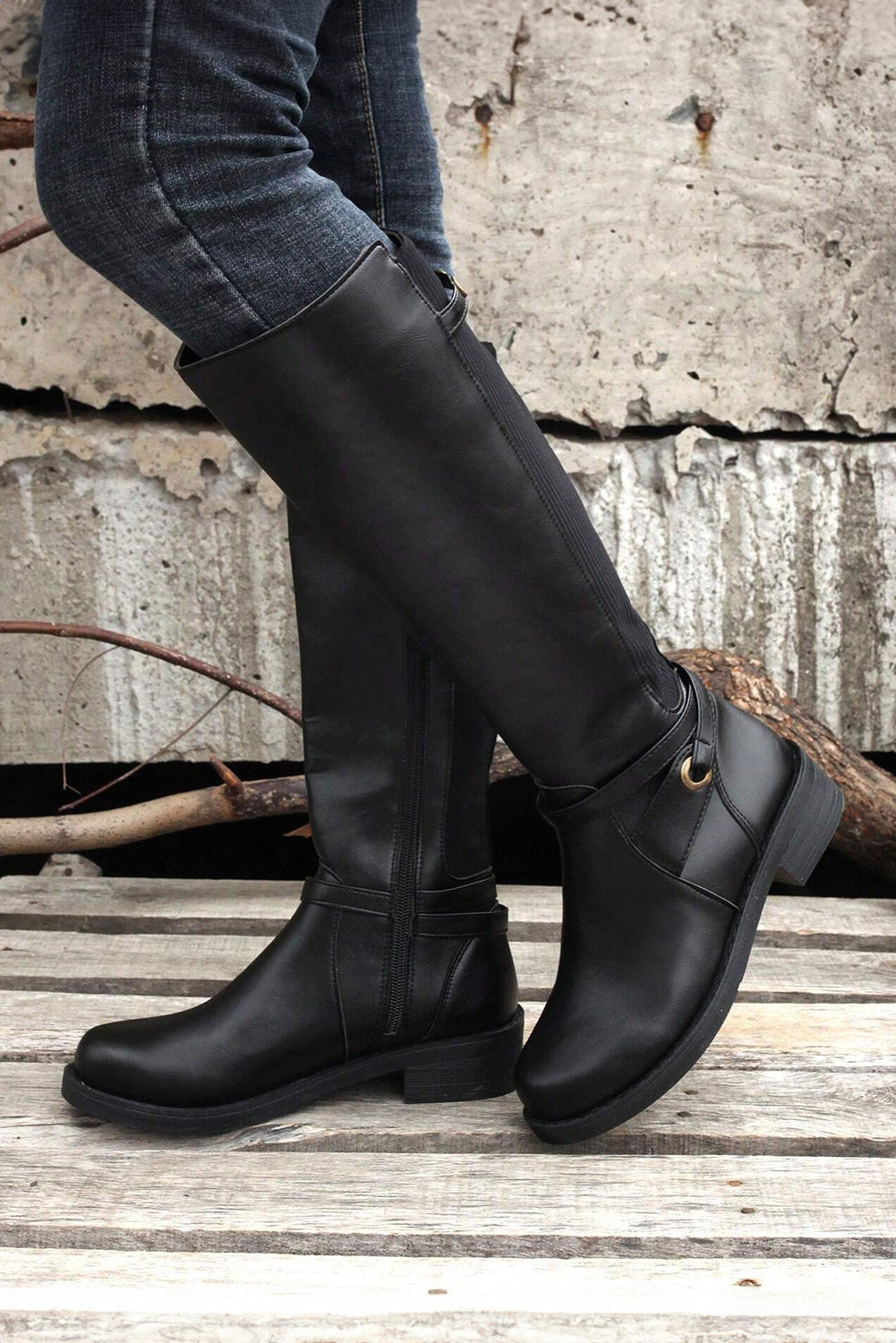 Josie Zipper Knee High Low Heel Boots Threaded Pear