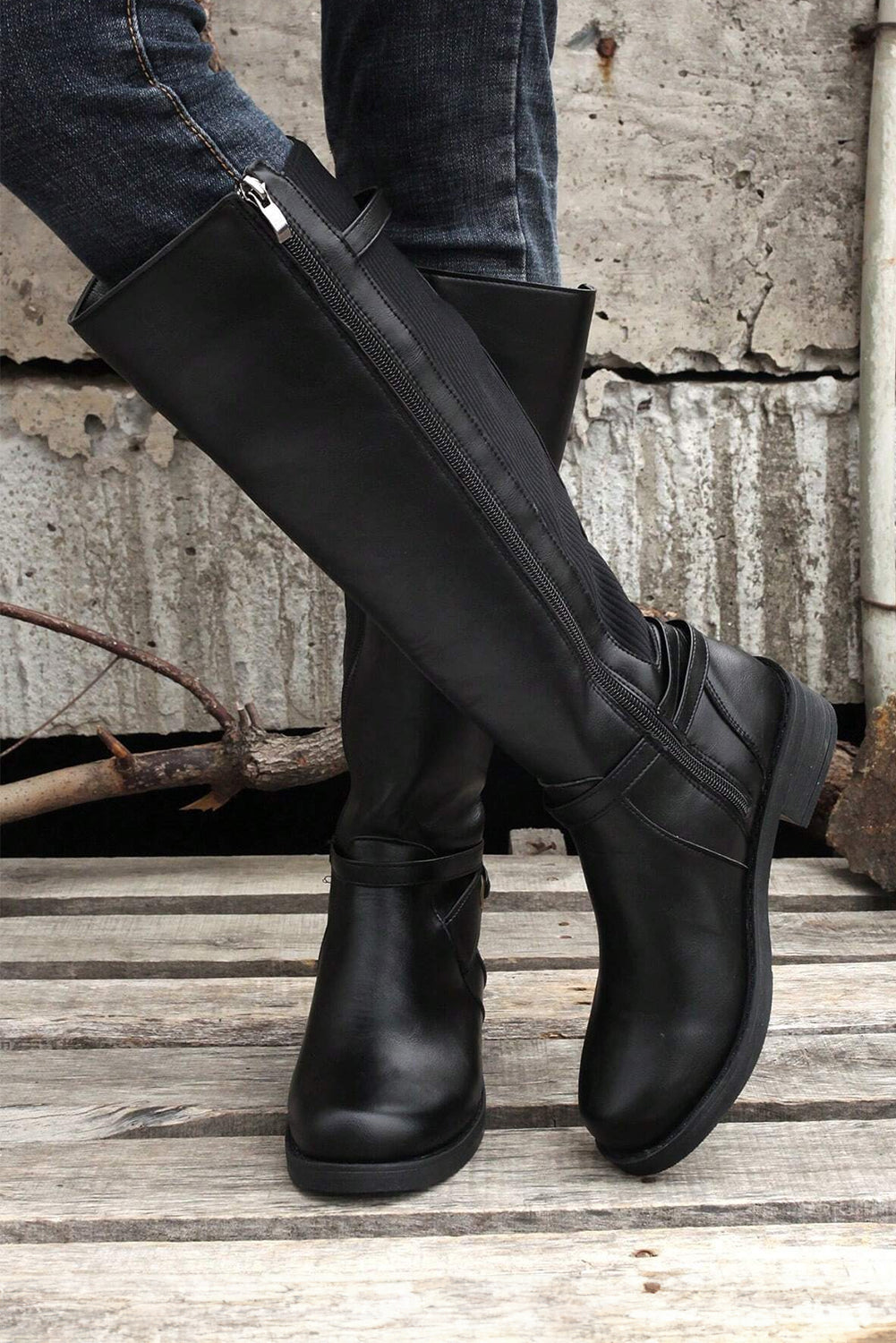 Josie Zipper Knee High Low Heel Boots Threaded Pear
