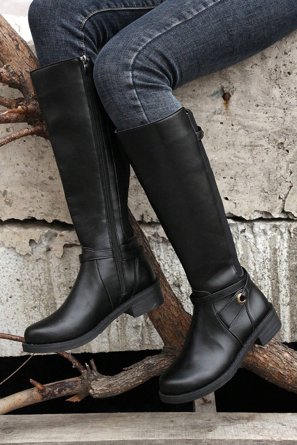 Josie Zipper Knee High Low Heel Boots Threaded Pear