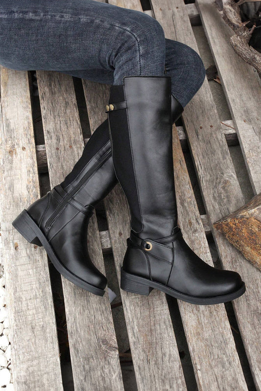 Josie Zipper Knee High Low Heel Boots Threaded Pear