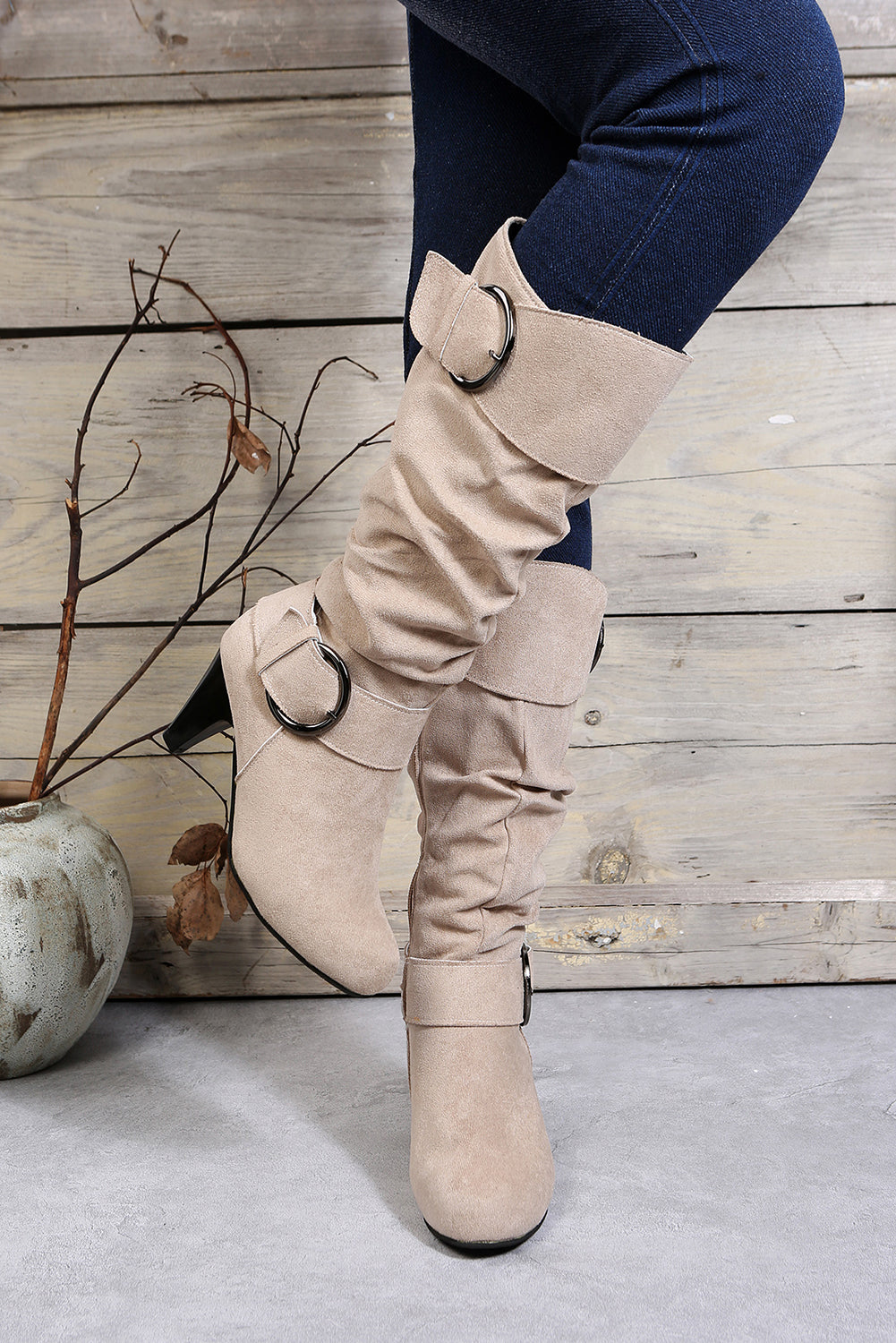 Kennedy Dual Buckle Strap Side Zip Boots Threaded Pear
